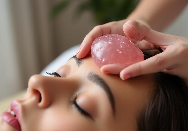 Asistentes practicando masaje facial con herramientas de cuarzo